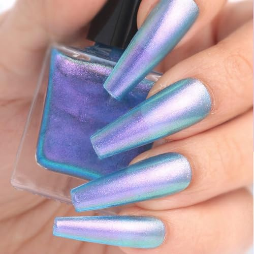 Holographic Nail Polish with Iridescent Finish - Quick Dry Chrome Varnish with Shiny Effect for Long Lasting Manicure and Nail Art in Blue Purple Teal Shades, Glossy Metallic Sheen, High Coverage