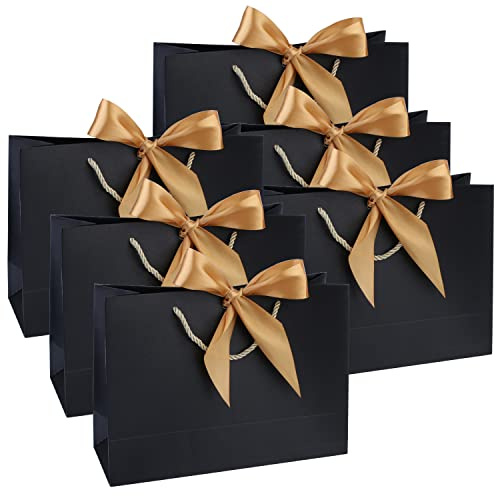 6 pcs Sacs-Cadeaux Papier avec Poignées, Sacs de Cadeau avec Ruban d'arc doré, Imperméable Sacs de en Papier pour Anniversaire, Mariage, Fête, Noël, Pâques 28 x 20 x 10 cm, noir
