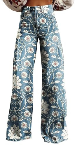 Pantaloni da donna anni '70 – Pantaloni Boho anni '60 hippie fiori a vita alta, abbigliamento da discoteca, pantaloni da yoga, pantaloni in denim, jeans vintage ricamati, eleganti jeans a tubo, jeans