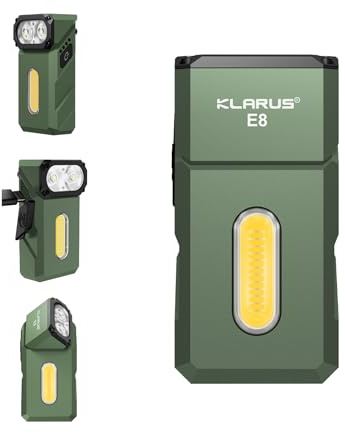 KLARUS E8 EDC Uppladdningsbar Ficklampa, 1000 Lumen Ljusstarkt Trippelljussystem, 180° Vridbart Huvud, Kompakt Design Helmetall med Magnet och Fickklämma, IPX6 Vattentät Arbetslampa