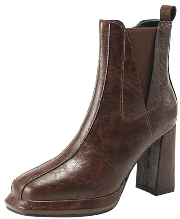 Generisch Stivaletti, scarpe impermeabili da donna, con tacco, in tinta unita, elastico con tacco alto, tubo corto, quadrato, tacco spesso, con plateau, marrone, 39 EU
