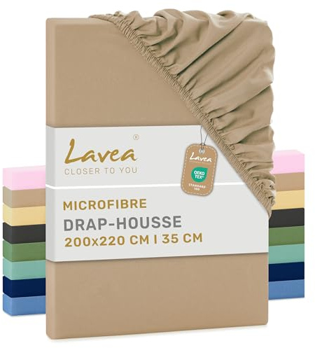 Lavea® Lenzuolo con Angoli super King Size 200x220 cm – Microfibra Morbida e Traspirante – Per Materassi fino a 35 cm – Con Elastico Tutto Intorno – Certificato OEKO-TEX – Sabbia