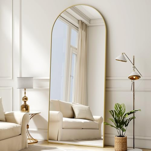 BEAUTYPEAK Bogen - Specchio da pavimento per tutto il corpo, 165 x 60 cm, curvo, da appendere o appoggiare alla parete, con supporto per camera da letto, soggiorno o spogliatoio, oro