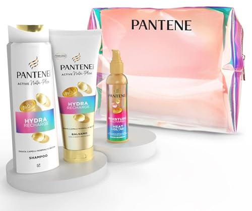 Pantene Set Regalo Donna Beauty Case Viaggio+ Linea Hydra Recharge Shampoo 250ml, Balsamo 200ml, Siero 135ml, Protegge Da Umidità, Crespo E Calore. Idratazione E Lucentezza Senza Appesantire