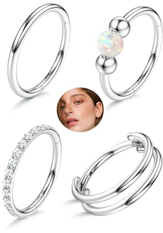 4Piezas Piercing Nariz Aro Acero Quirurgico Para Mujer Hombre,HipoalergéNico Clicker Piercing Oreja Helix Tragus Septum Daith CartíLago,Hinged Segmento Pendientes Aro Acero Inoxidable Plata 16G-8MM