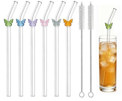 YIPFEN 6 Cannucce Vetro Lunghe 20 cm Curve con Motivo Farfalla Colorate Incluse 2 Spazzole per la Pulizia Cannucce Riutilizzabili per Bubble Tea, Cocktail, Frullati, Succhi, Caffè, Feste