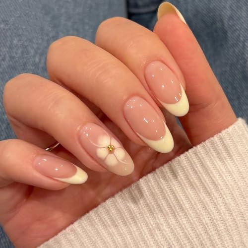 24PCS Nude Pink French Press On Nails - Short Almond Fake Nails with Daisy Flower Tip Design - Acrylic False with Jelly Tabs for Work Days, Weddings and Fresh Styling