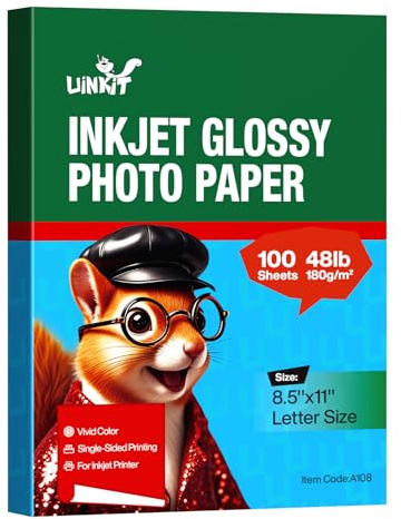 Uinkit 100 Sheets Inkjet Photo Paper Glossy 8.5x11 48lb 180Gsm Professional Photographic Paper Letter Size 8.5Mil Instant Dry Suitable for All Ink Printers