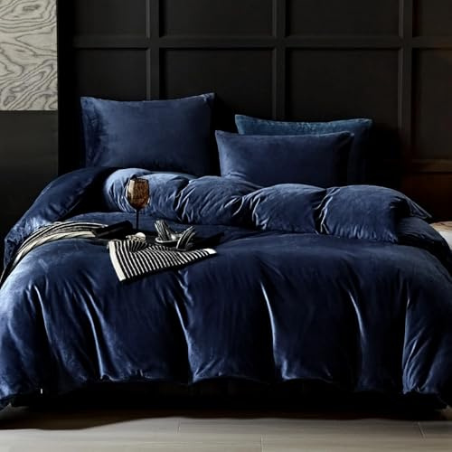 Lanqinglv Ropa de cama 155 x 220 cm, franela de peluche, color azul oscuro, mullida, ropa de cama reversible para invierno, funda de edredón con cremallera y 1 funda de almohada de 80 x 80 cm