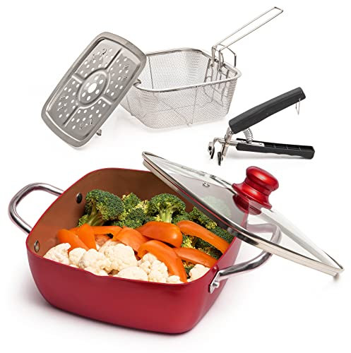 Moss & Stone 5 Pcs Red Copper Chef Cookware Non Stick Deep Frying Pan, Fry Basket, Steamer Rack, Dishwasher & Oven Safe, 5 Qt Deep Square Pan, Induction Copper Cookware Set - 9.5 x 3.5