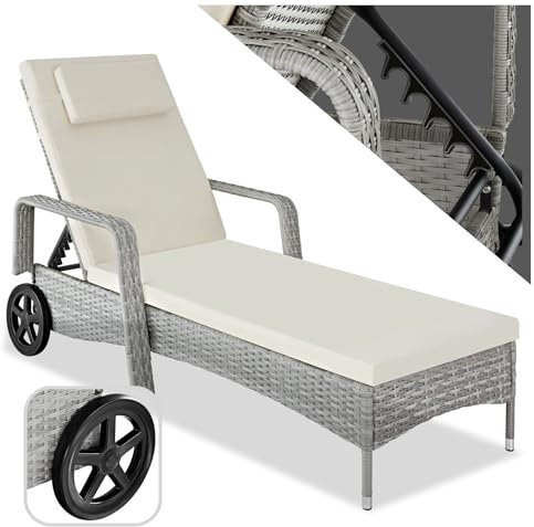 tectake Poly Rattan Gartenliege mit Rollen, 6-Fach höhenverstellbarer Liegestuhl, bis 120kg belastbar, Sonnenliege Rattan (wetterfest), Liege inkl. Polster und Kissen - hellgrau/Creme