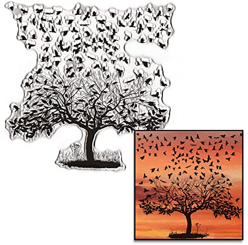 Estivaux Winter Fall Trees Background Clear Stamps for Card Making and Journaling, Autumn Crow Birds Rubber Stamps Winter Holiday Tree Leaves Stamps for Scrapbooking DIY Cards Album Crafts Supplies