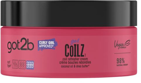 Got2b, Vegan, Curl and Coil Refresher Hair Cream, Infused with Coconut Oil, Castor Oil, Argan Oil and Shea Butter, Curl Enhancing, 200ml