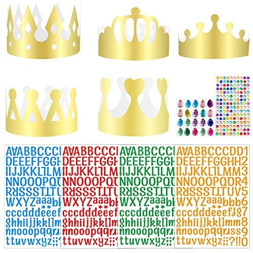 Powmag Couronne en Papier Doré, Couronne Chapeau de Fête, Chapeau en papier couronne, 5 Pièces Chapeaux de Couronne ＆ 2 Pièces Autocollants Strass ＆ 4 Pièces Autocollants Alphanumériques