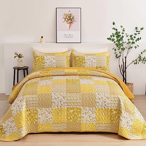 Mybedsoul Juego de edredón Amarillo Bohemio tamaño King, Juego de Colcha Floral a Cuadros de 3 Piezas, Juego de Ropa de Cama Reversible de Retazos, tamaño King, 90 x 104 Pulgadas