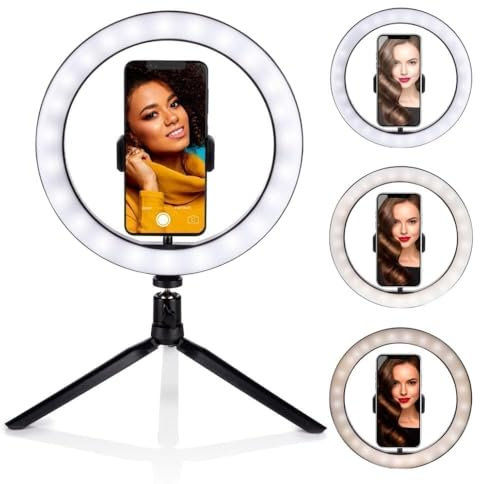 Grundig Anillo de luz en trípode – Anillo de luz para Selfie – 25 cm – 3 Colores de luz – 11 Niveles de Brillo – Cuello Flexible – Manejo en el Cable – Recargable por USB – Soporte para teléfono –