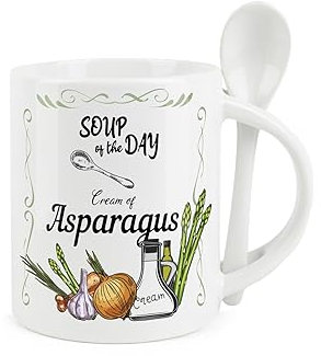 Purely Home Soup Mug and Spoon Set - Cream of Asparagus Soup of The Day - Ceramic White Soup Mug with Spoon in Handle