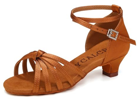 YCALCP Latin dansskor flicka satin låg klack Tango Salsa balsal skor, modell 217XGG, BRUN, 35 EU