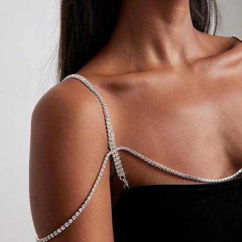 IYOU Sparkly Crystal Bra Straps Silver Rhinestone Bra Shoulder Strap Diamante Party Nightclub Dress Straps Decorative for Women