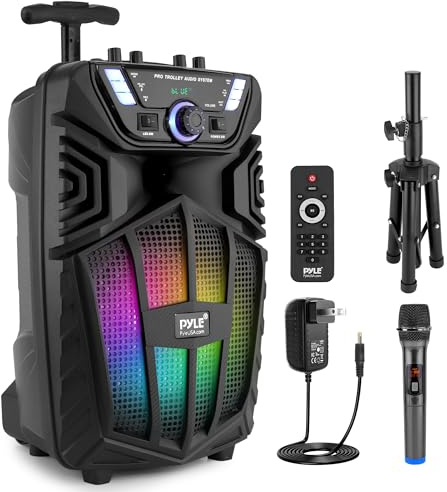 Pyle 480W portabel Bluetooth PA-högtalare – 8” uppladdningsbar karaokehögtalare för utomhusbruk, ljudsystem med trådlös mikrofon och hjul – TWS, partyljus, LED-display, FM/AUX/MP3/USB/SD