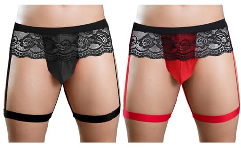 VemeFufu Perizoma Jockstrap Suspensorio Pizzo per Uomo Intimo Vita bassa Slip Maschio 2 Pack Nero Rosso