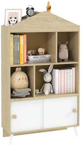 AIYAPLAY Estantería Infantil de Madera con 4 Compartimentos Librería Infantil con Estantes Abiertos y Armario para Habitación de Niños Sala de Juegos 80x30x140,5 cm Blanco y Natural