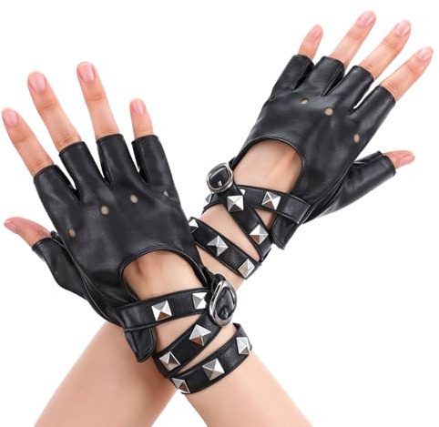Yuanchu Gants en cuir sans doigts rivets, gants punk gothiques noirs Halloween hommes Accessoires femmes Cosplay Rock Festivals Performance Hip-Hop Danse Party