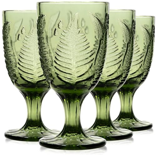 Vintage Green Stemmed Goblets Set of 4, Fern Embossed Textured Glass Wine Goblets, Retro Boho Colored Stemware, Decorative Drinking Glasses for Water, Wine & Cocktails, Vintage Glassware Gift Set