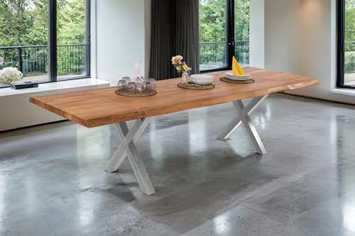 SAM Esstisch Cali 160(260) x90 Akazie Natur X-Gestell Silber