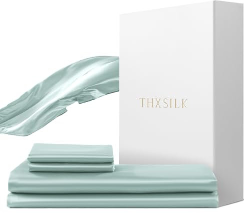 THXSILK Silk Bed Linen Set, 2-Piece, Duvet Cover 155 x 220 cm and 40 x 80 cm Pillowcase, Luxury Silk Bedding Set, Super Soft and Smooth, Light Blue