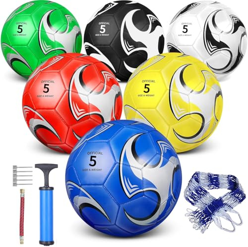 DHYLRICHER 6 Pack Size 5 Football Balls for Training & Matches – Official Size & Weight, Includes Carry Net, Air Pump,Ideal for Youth and Adult Players