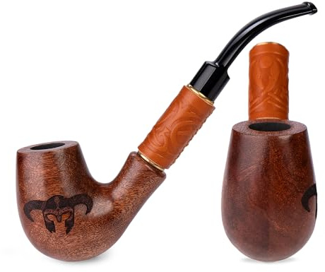 19 cm päronträ Churchwarden rökpipa | Vikings Helmet-gravyr | För 9 mm filter | Sammetspåse ingår | Endast för tobaksanvändning