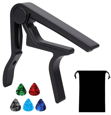 Cejilla para guitarra acústica Western de 6 cuerdas, guitarra eléctrica y ukelele, capo para guitarra clásica, capo para guitarra, guitarra clásica, guitarra de concierto, color negro con 5 púas