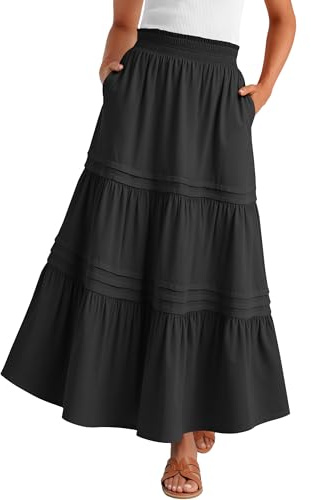 ANRABESS Maxi Skirt for Women Casual High Waisted Elastic Flowy Tiered Boho Long Skirts 2026 Summer Beach Vacation Clothes Black Large