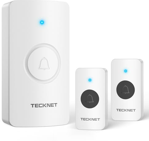 TECKNET Timbre Inalámbrico para Puerta, 400M Timbre Inalámbrico Exterior Impermeable, Set de Timbres Inalámbricos 2 Transmisores y 1 Receptor, Timbre de Radio IP65, 5 Niveles de Volumen y 60 Melodías