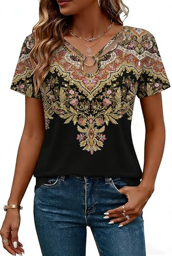 ABYOVRT Camiseta Mujer Cuello V Tunica Mujer Verano T-Shirt Manga Corta Blusa Fluida Estampado Etnico Tops Chic Elegante Suelto Top,S-XXL