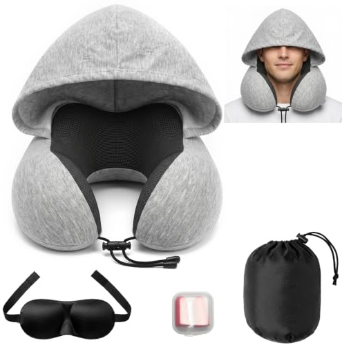 Coussin de Voyage Avion, Mémoire de Forme, Oreiller Cervical, Capuche | Oreiller Cervical Ergonomique, Boucle Réglable Anti-Rotation, Housse Amovible Lavable, Masque 3D, Bouchons d'Oreille