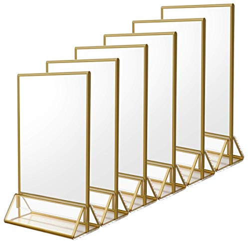 NIUBEE 6Pack 4 x 6 Clear Acrylic Sign Holder with Gold Borders and Vertical Stand, Double Sided Table Menu Holders Picture Frames for Wedding Table Numbers, Restaurant Signs, Photos and Art Display