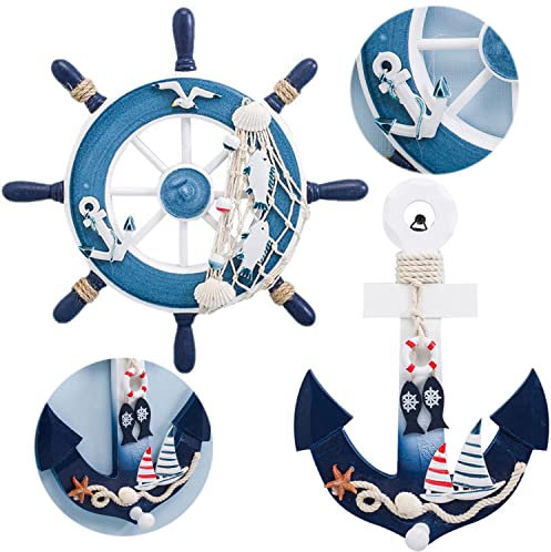 Tangger 23 cm Steuerrad Holz und 28 cm Anker Holz Wand Deko Mediterraner Stil Nautisches Geschenk Schlafzimmer Bar Nautische Wanddekoration Holzhandwerk