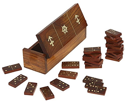 Ajuny Juego de Dominó de Madera con Diseño de Ancla y Rueda de Barco Caja de Almacenamiento Clásica Juego de Dominó Artesanal para Niños Adultos Juegos Familiares, 7,75x2 Pulgadas