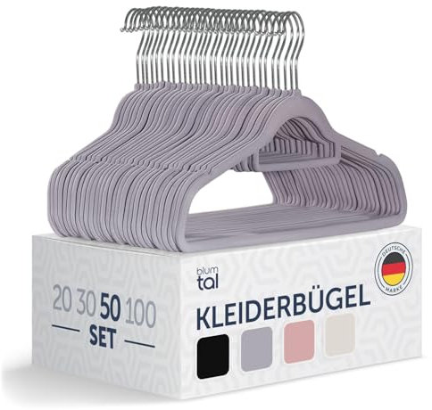 Blumtal Kleiderbügel 50 Stück - Kleiderbügel Samt 360° drehbar und belastbar - Kleiderbügel platzsparend und rutschfest - Kleiderbügel Grau mit Samtbezug - Samtbügel - Kleiderbügel Samt Grau - Bügel
