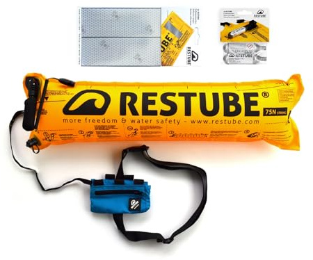 RESTUBE Extreme Starter Package Bouée de Sécurité Gonflable Conditions Difficiles - Flotteur pour Nage en Eau Libre, 2 Cartouches de CO2 & Bande Réfléchissante