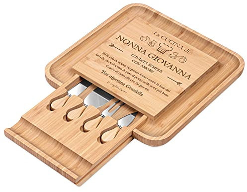 Maverton Tagliere per formaggio e salumi in legno - set 3 coltelli 1 forchetta - incisione personalizzata - H4cm x L34cm - regalo di compleanno per la donna - cucina con amore