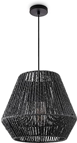 Paco Home Hängelampe Bambus Wohnzimmer Pendelleuchte Rattan Esstisch Esszimmer Lampe E27 Hängeleuchte Papier Boho, Farbe:Schwarz (Ø32cm), Leuchtenart___Farbe:Pendelleuchte - Schwarz