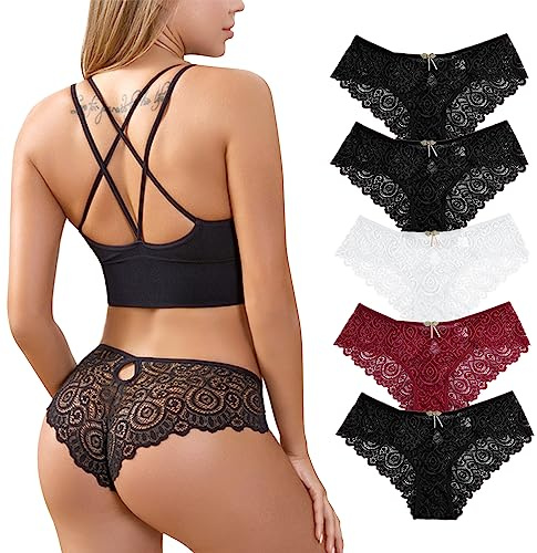 Zilams Tanga de Encaje Mujer Sexy Bragas Elástica Cintura Baja Ropa Interior Femenina Suave Slip Braguitas Culotte (S, A-5Pcs)