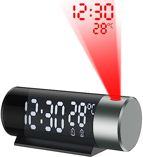 YUNYODA Projektionswecker, Digital Wecker mit 180° Drehbarem Projektion, USB-Ladegerät, 12/24 H, Snooze, Dimmer Wecker Digital mit Temperatur für Schlafzimmer, Büro, Schwarz
