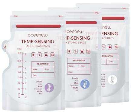 Oceenew 120 Stück Muttermilchbeutel Temperaturfühlende Verfärbung, 250ml Milchbeutel für Muttermilch Aufbewahrung mit Ausgießer für das Stillen, Selbststehender, Einfrieren