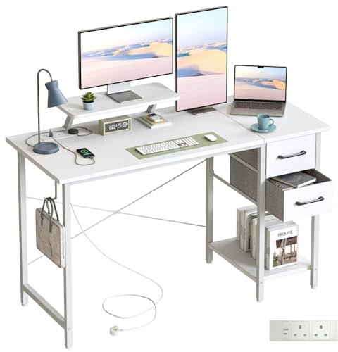 DOMSHOCT Computer Desk with Drawers & Power Outlets, 120*50cm Home Office Desk with Monitor Stand, Gaming Table with Reversible Storage Shelf & Hook, Small PC Workstation for Study Work Write, White