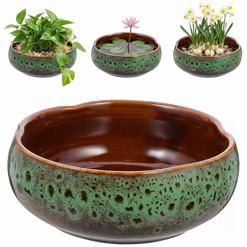 Healeved Ceramic Hydroponic Planter Shallow Bowl for Water Plants Indoor Lotus Bowl Planter Leak-Proof Oasis Sacred Bonsai Daffodil Lotus Container