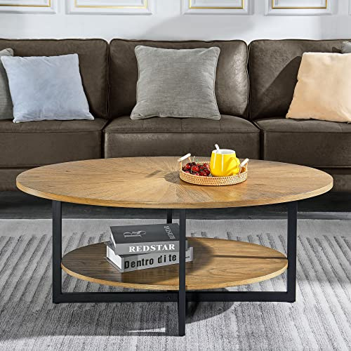 MIAUWUUFHOME Mesa de Centro Redonda de Madera Maciza para 2 Niveles, mesas de Centro Ovalada en Estilo Moderno, Vintage, Tapa de Madera Maciza y Patas de Hierro en Forma de Cruz, mesacafé, mesasalón